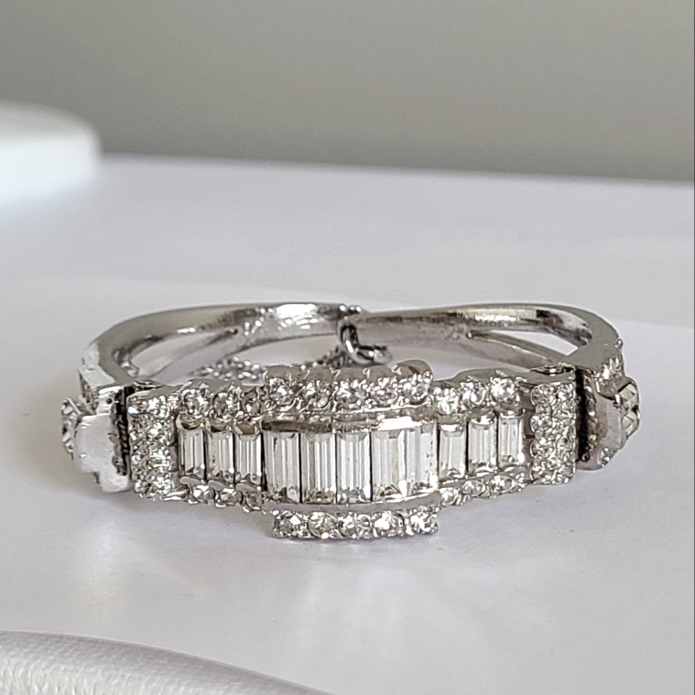 Vintage Crystal Rhinestone Baguette Encrusted Hinged Silver Bangle Bracelet